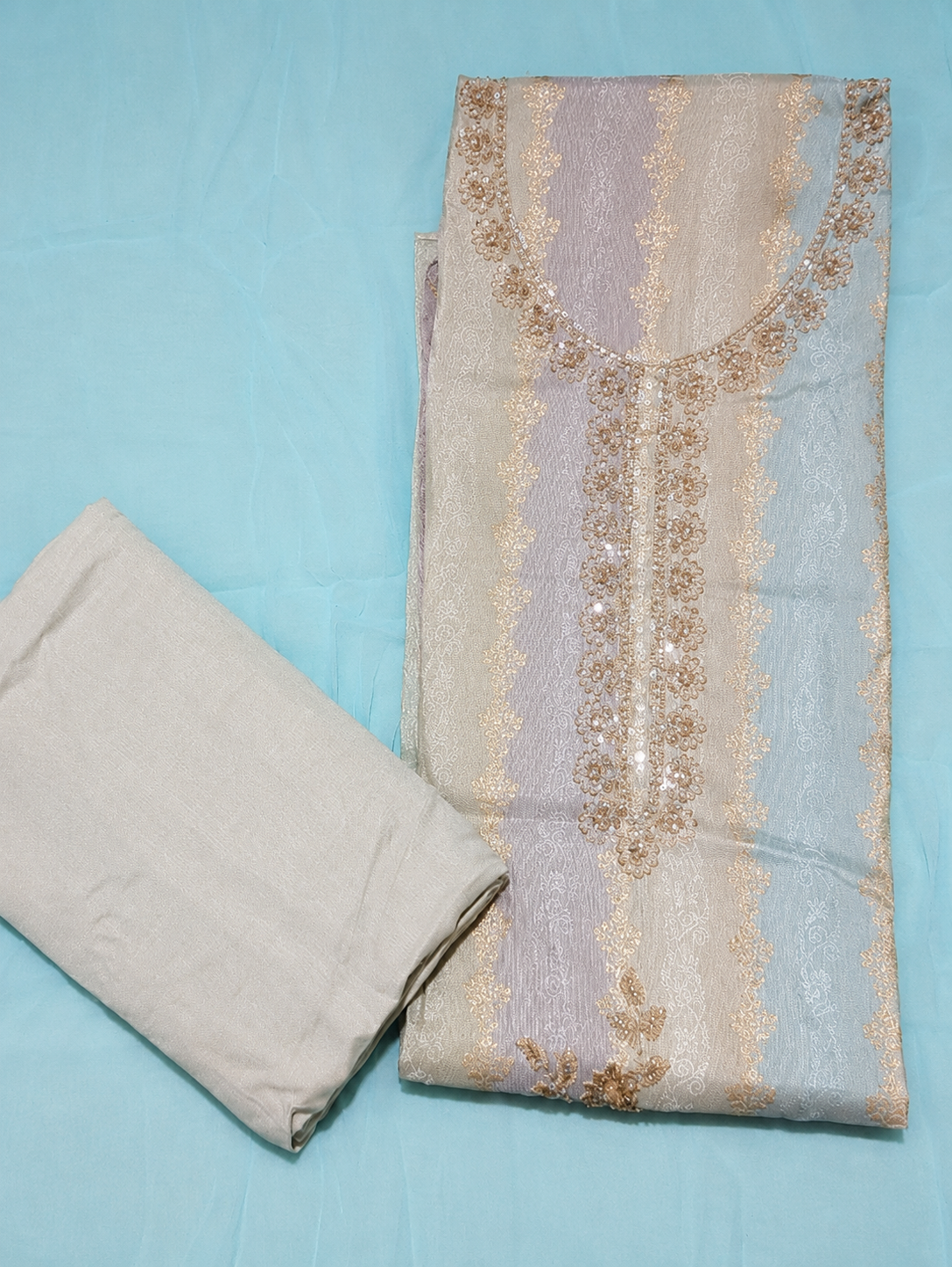 Powder Blue & Ivory Embroidered Unstitched Suit with Sequin Work and Net Dupatta