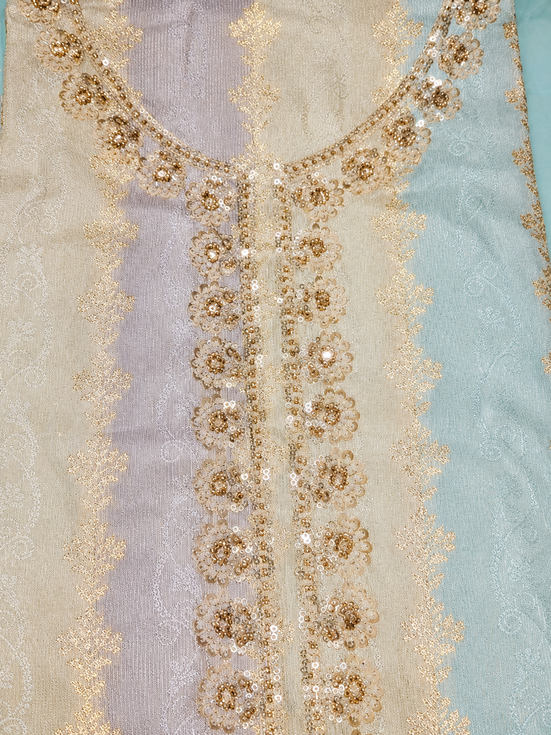 Powder Blue & Ivory Embroidered Unstitched Suit with Sequin Work and Net Dupatta