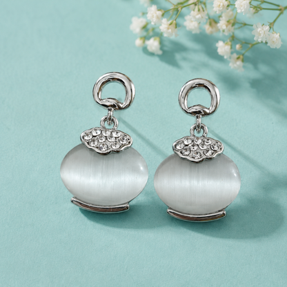 White Cat Eye Stone Drop Earrings with Crystal Accent | Silver Tone Designer Earrings for Women