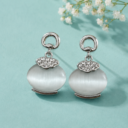 White Cat Eye Stone Drop Earrings with Crystal Accent | Silver Tone Designer Earrings for Women