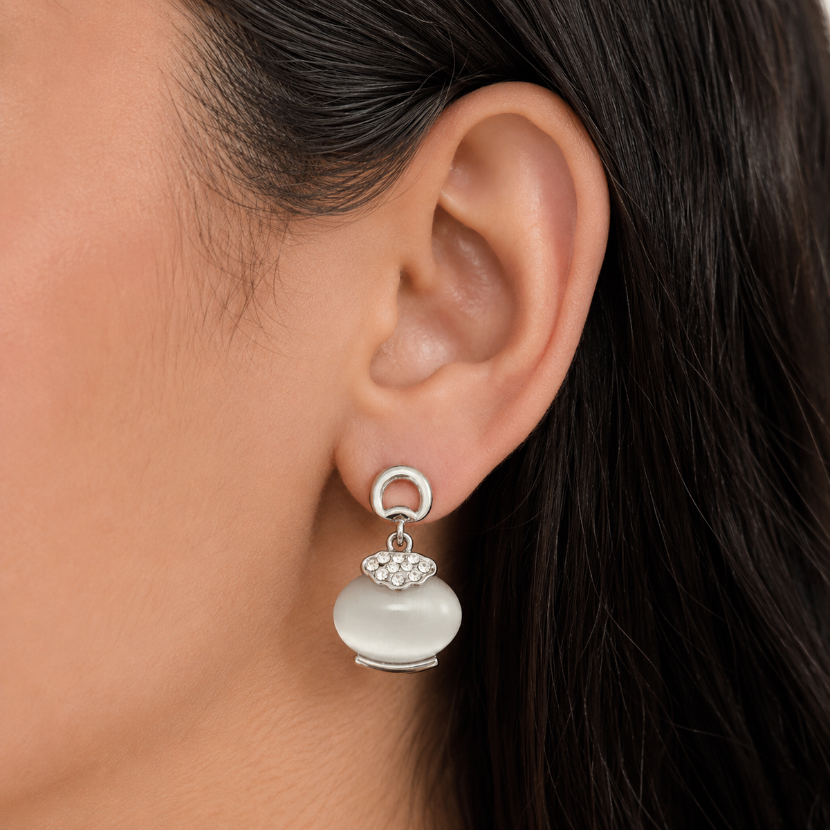 White Cat Eye Stone Drop Earrings with Crystal Accent | Silver Tone Designer Earrings for Women