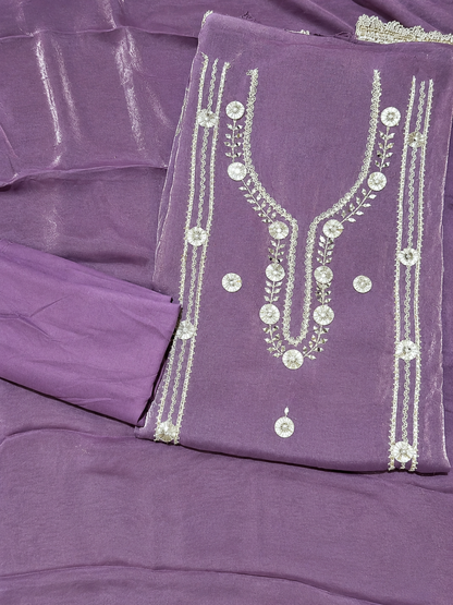 Dusty Mauve Embroidered Unstitched Suit with Shimmer Dupatta