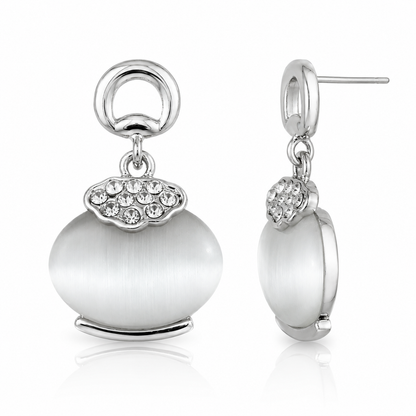 White Cat Eye Stone Drop Earrings with Crystal Accent | Silver Tone Designer Earrings for Women