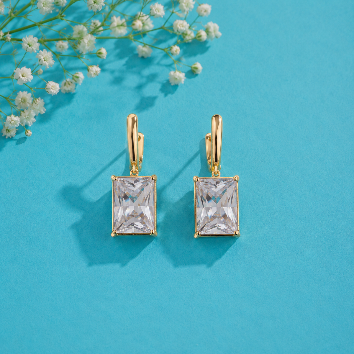 Elegant Emerald Cut Crystal Drop Earrings for Women | Gold Plated Statement Earrings
