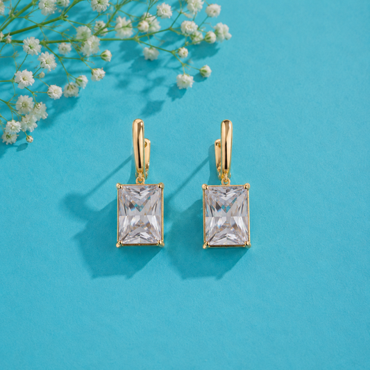 Elegant Emerald Cut Crystal Drop Earrings for Women | Gold Plated Statement Earrings
