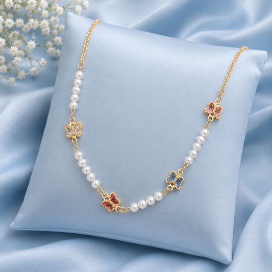 Butterfly Charm Pearl Beaded Gold-Tone Necklace for Women