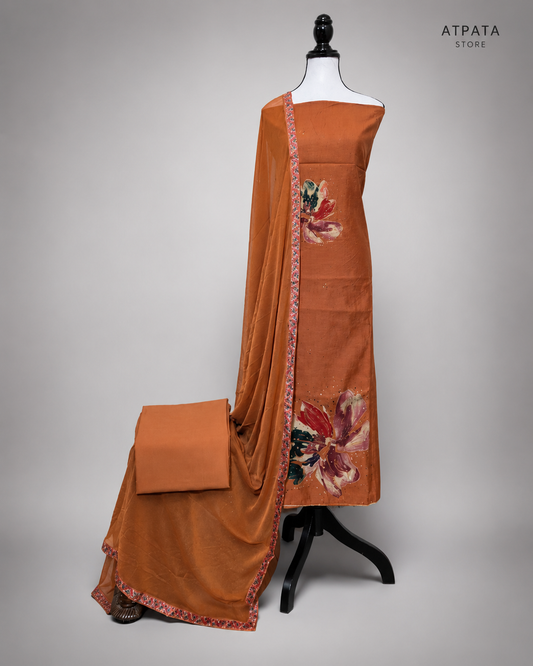 Rust Brown Floral Print Unstitched Suit Set with Matching Dupatta