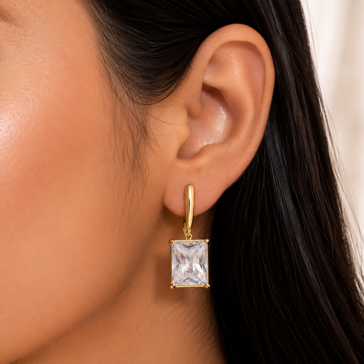 Elegant Emerald Cut Crystal Drop Earrings for Women | Gold Plated Statement Earrings