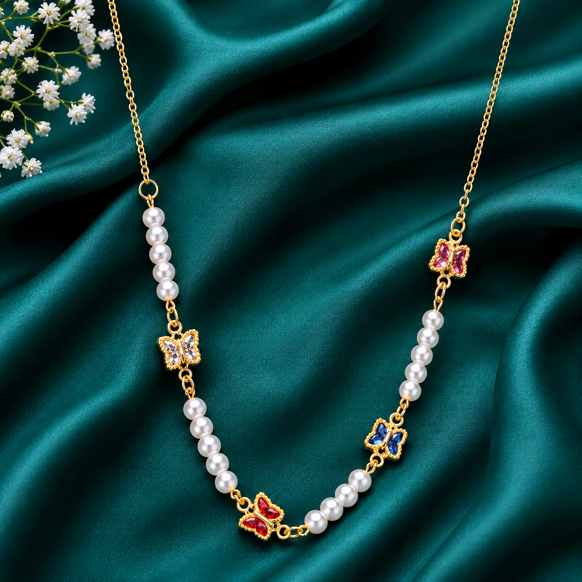 Butterfly Charm Pearl Beaded Gold-Tone Necklace for Women