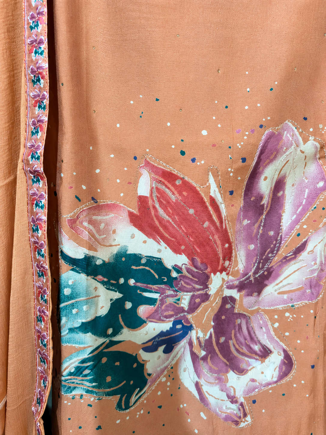Rust Brown Floral Print Unstitched Suit Set with Matching Dupatta