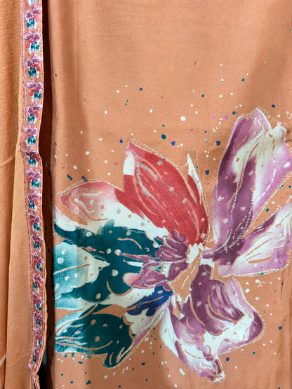 Rust Brown Floral Print Unstitched Suit Set with Matching Dupatta