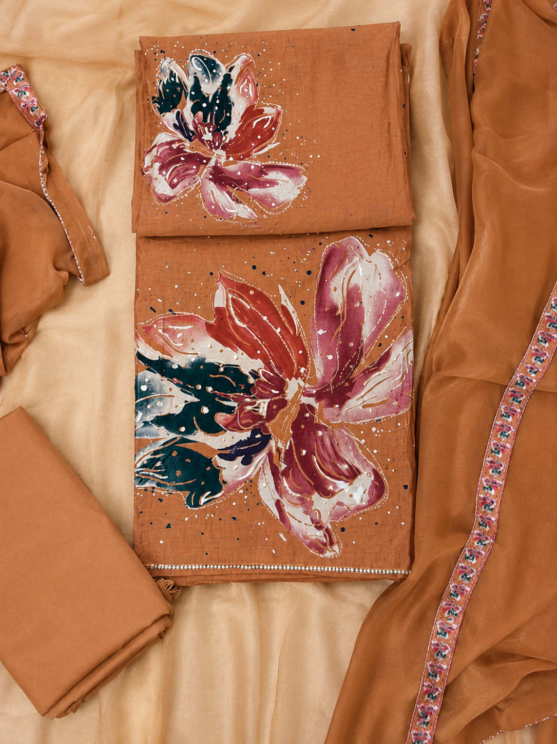 Rust Brown Floral Print Unstitched Suit Set with Matching Dupatta