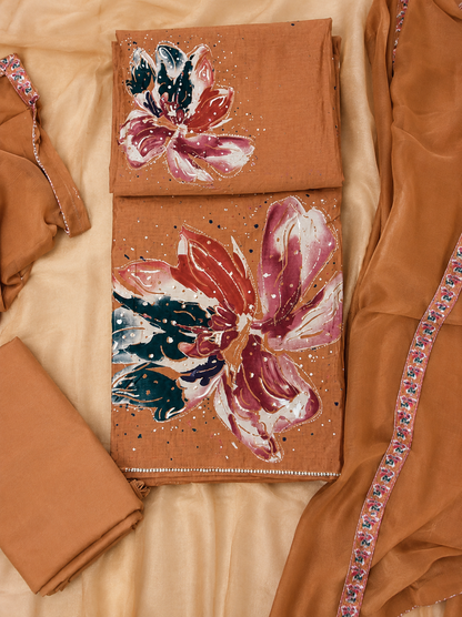Rust Brown Floral Print Unstitched Suit Set with Matching Dupatta