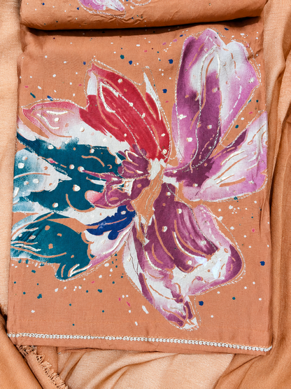 Rust Brown Floral Print Unstitched Suit Set with Matching Dupatta