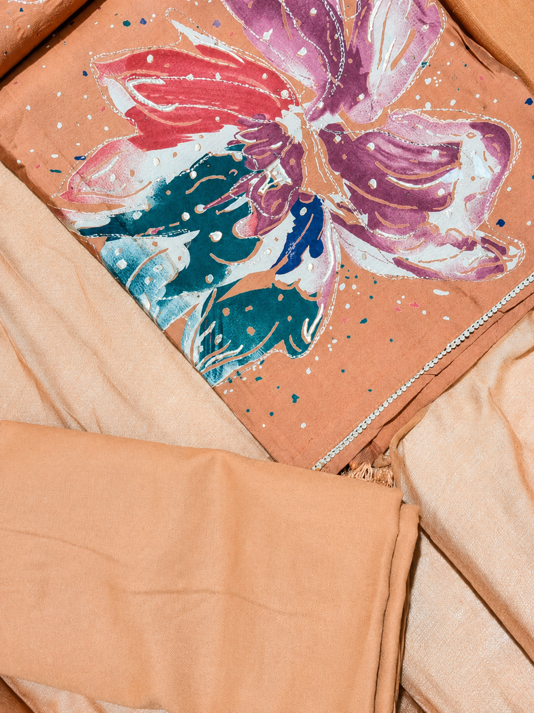 Rust Brown Floral Print Unstitched Suit Set with Matching Dupatta