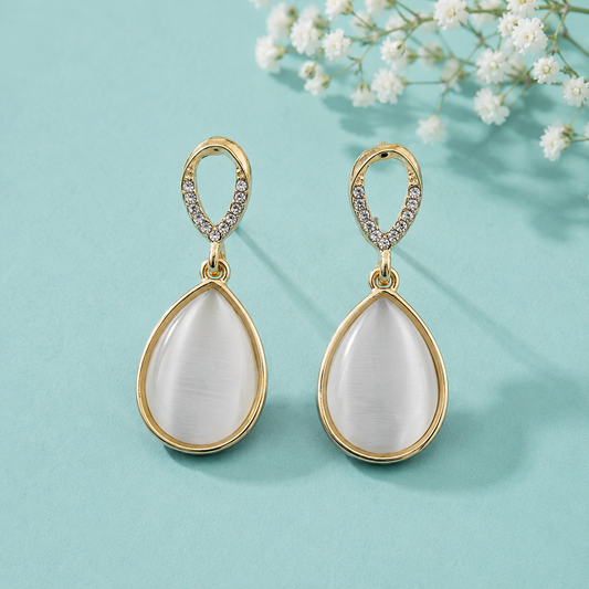 White Cat Eye Teardrop Drop Earrings for Women | Gold Tone Crystal Designer Earrings