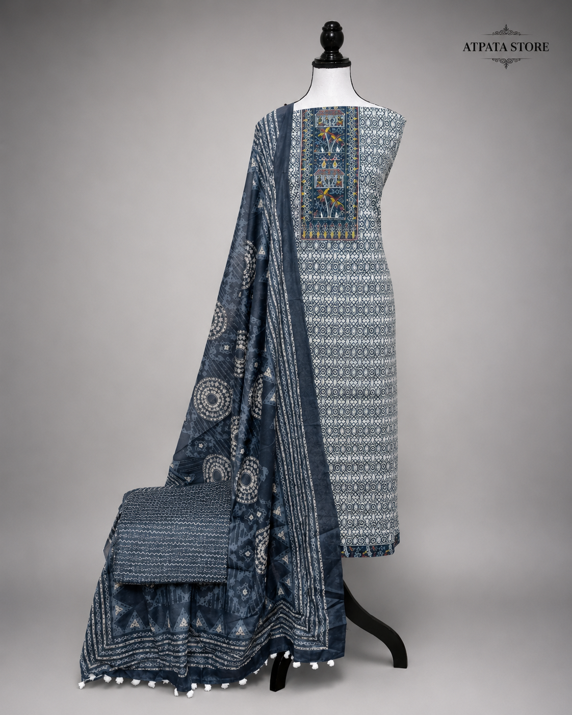 Indigo Blue Ethnic Printed Unstitched Suit with Designer Dupatta & Tassel Border