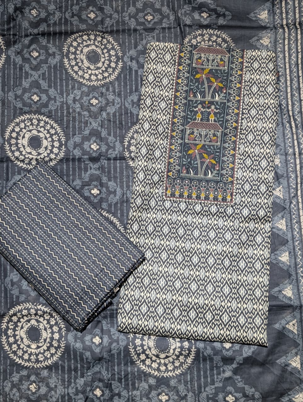 Indigo Blue Ethnic Printed Unstitched Suit with Designer Dupatta & Tassel Border