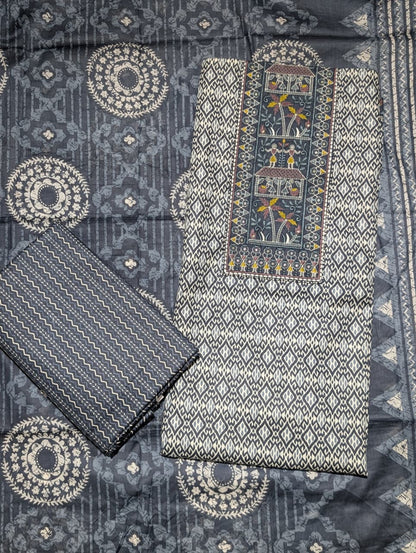 Indigo Blue Ethnic Printed Unstitched Suit with Designer Dupatta & Tassel Border