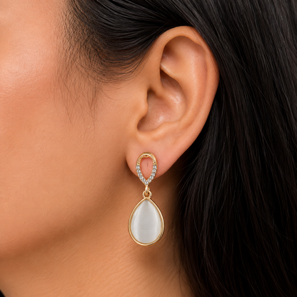 White Cat Eye Teardrop Drop Earrings for Women | Gold Tone Crystal Designer Earrings