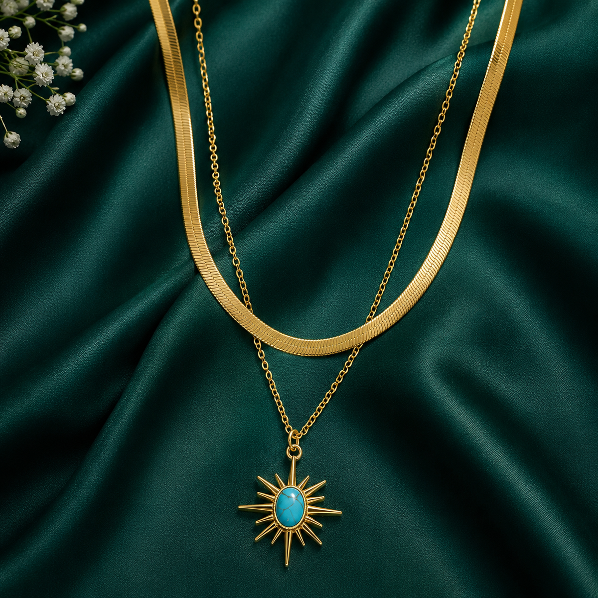 Celestial Turquoise Sun Layered Necklace Set