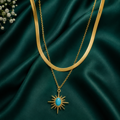 Celestial Turquoise Sun Layered Necklace Set