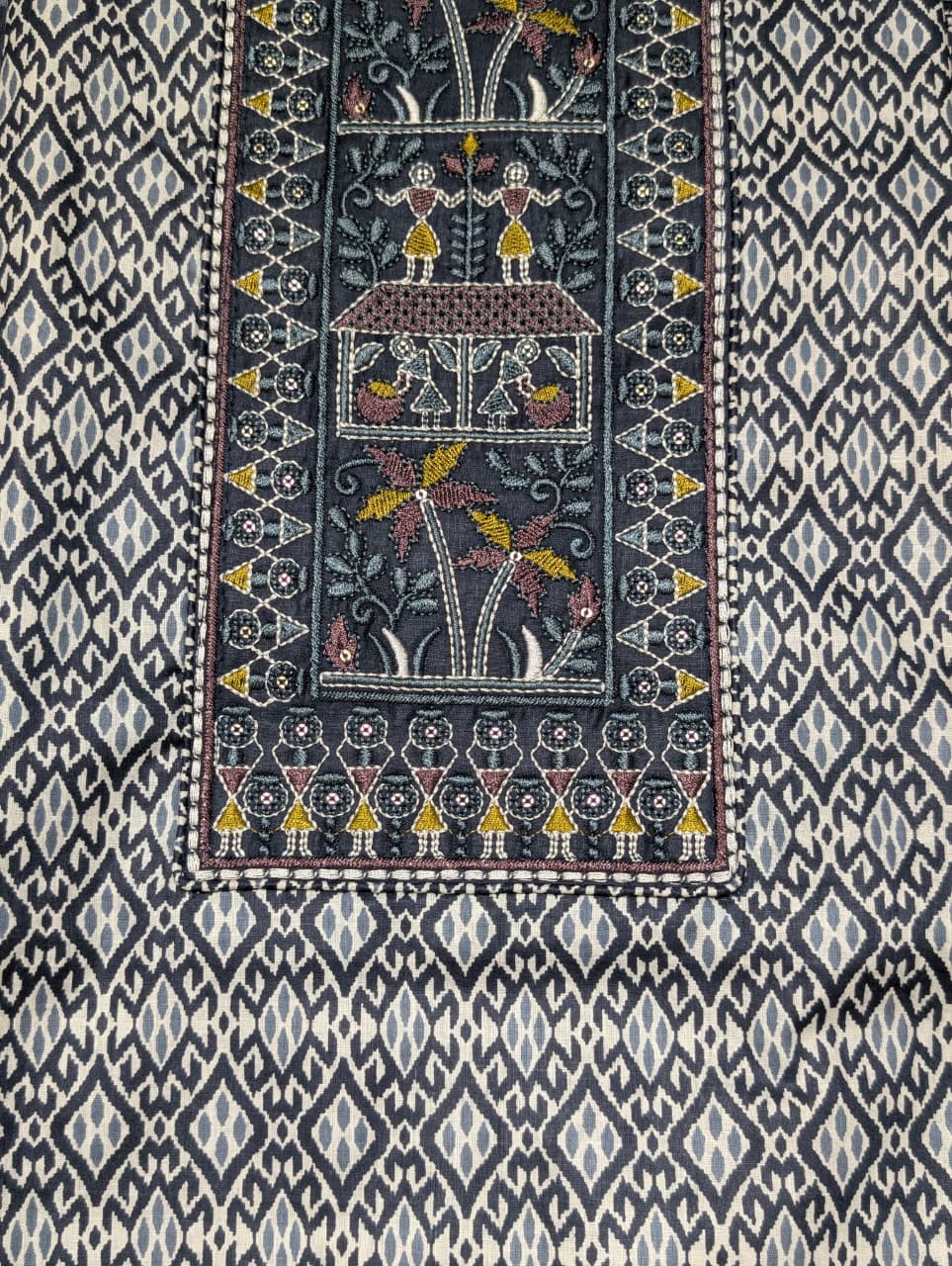 Indigo Blue Ethnic Printed Unstitched Suit with Designer Dupatta & Tassel Border