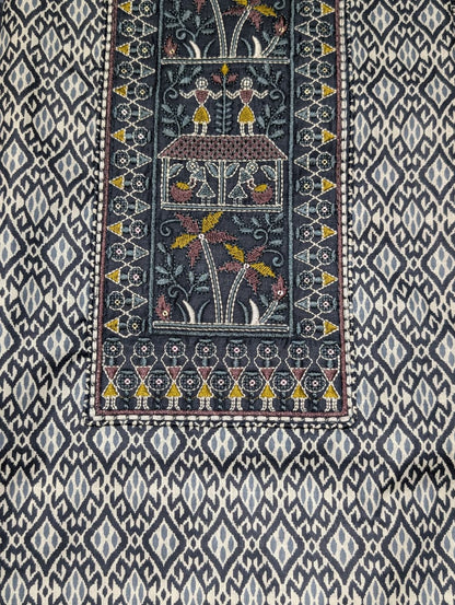Indigo Blue Ethnic Printed Unstitched Suit with Designer Dupatta & Tassel Border