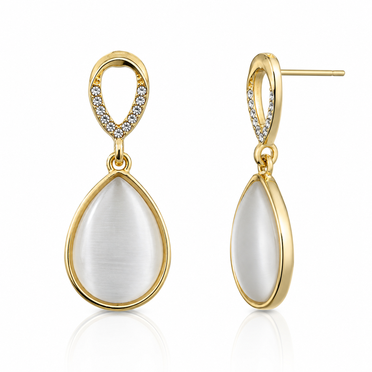 White Cat Eye Teardrop Drop Earrings for Women | Gold Tone Crystal Designer Earrings