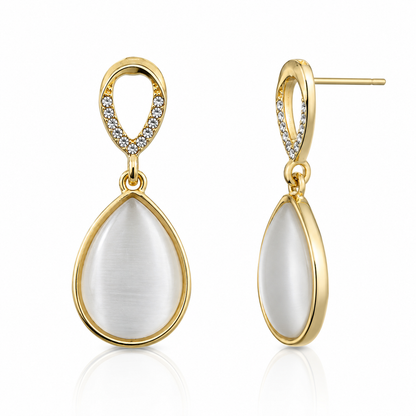 White Cat Eye Teardrop Drop Earrings for Women | Gold Tone Crystal Designer Earrings
