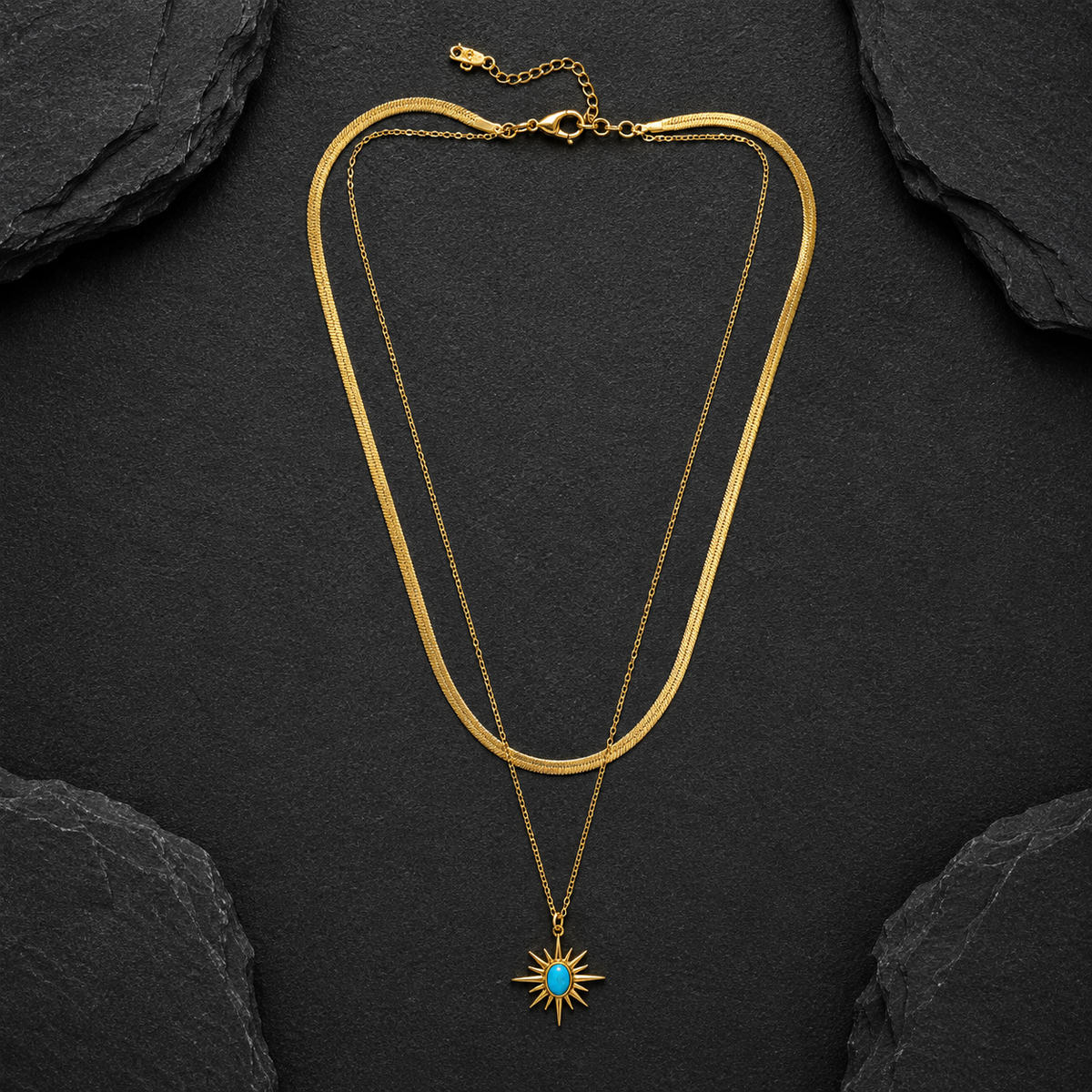 Celestial Turquoise Sun Layered Necklace Set