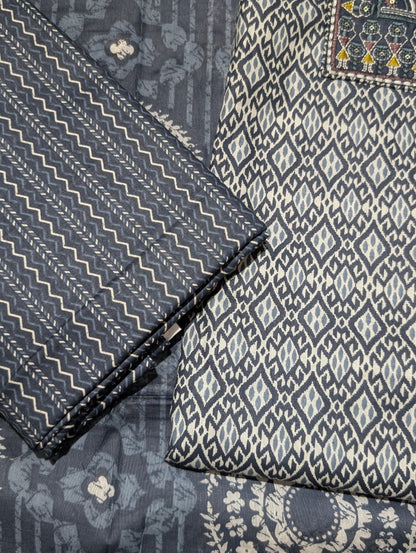 Indigo Blue Ethnic Printed Unstitched Suit with Designer Dupatta & Tassel Border