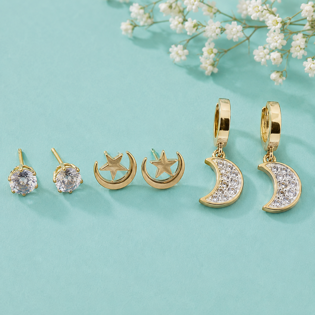 3 Pair Gold Tone Earrings Combo Set for Women | Crystal Stud, Star Moon Stud & Crescent Moon Hoop Earrings