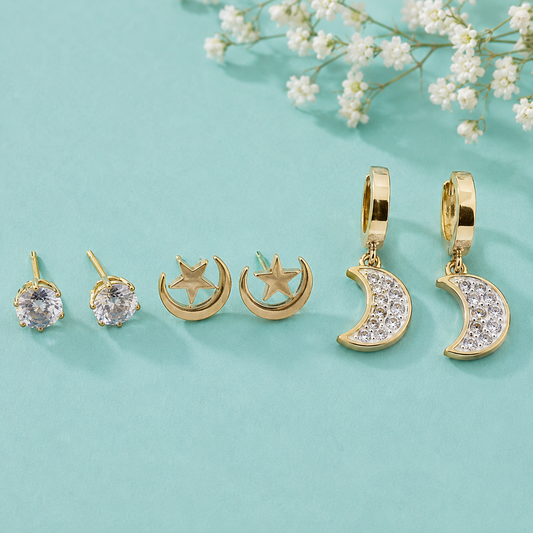 3 Pair Gold Tone Earrings Combo Set for Women | Crystal Stud, Star Moon Stud & Crescent Moon Hoop Earrings