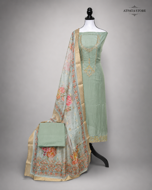 Mint Green Embroidered Unstitched Suit with Floral Printed Dupatta