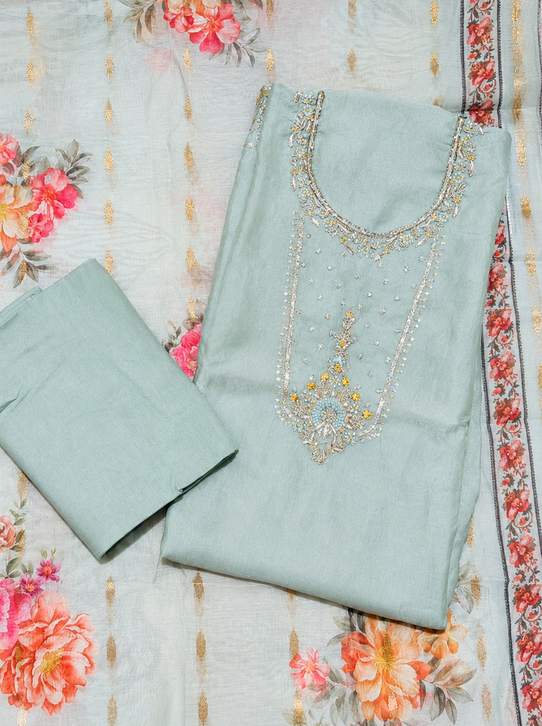 Mint Green Embroidered Unstitched Suit with Floral Printed Dupatta