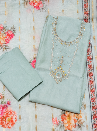 Mint Green Embroidered Unstitched Suit with Floral Printed Dupatta