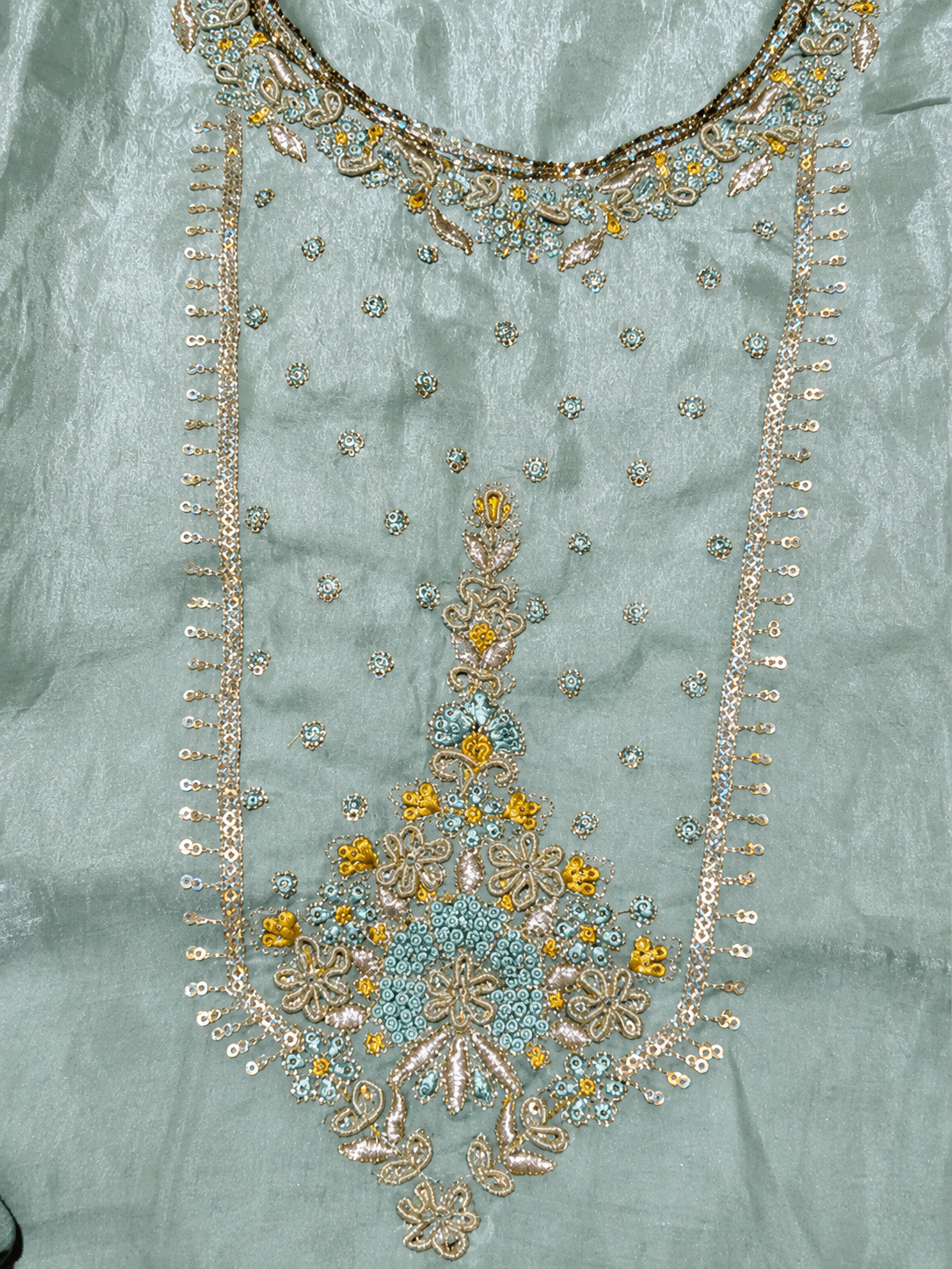 Mint Green Embroidered Unstitched Suit with Floral Printed Dupatta