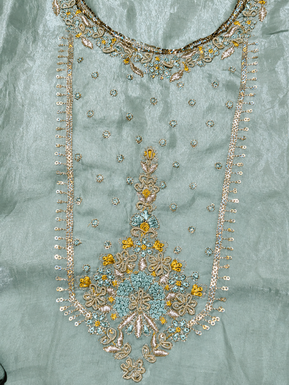 Mint Green Embroidered Unstitched Suit with Floral Printed Dupatta