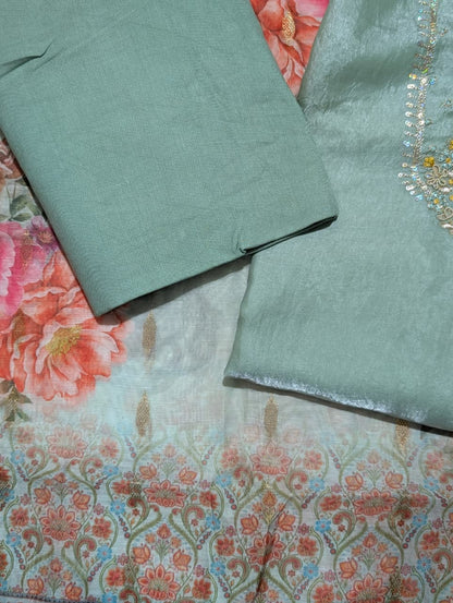 Mint Green Embroidered Unstitched Suit with Floral Printed Dupatta