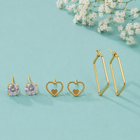 3 Pair Gold Tone Earrings Combo Set for Women | Crystal Stud, Heart Stud & Geometric Hoop Earrings