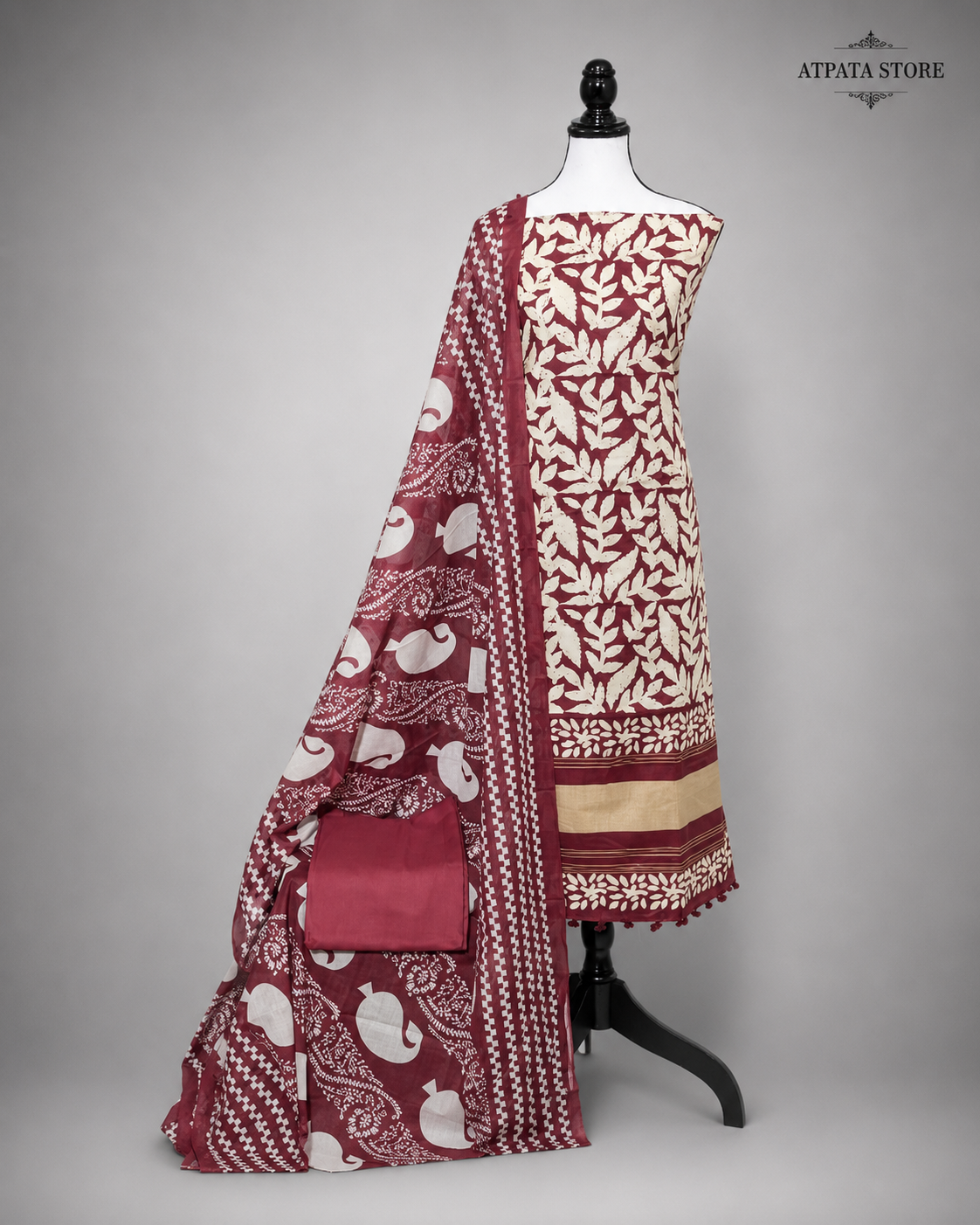 Maroon Floral Block Print Unstitched Suit with Designer Dupatta