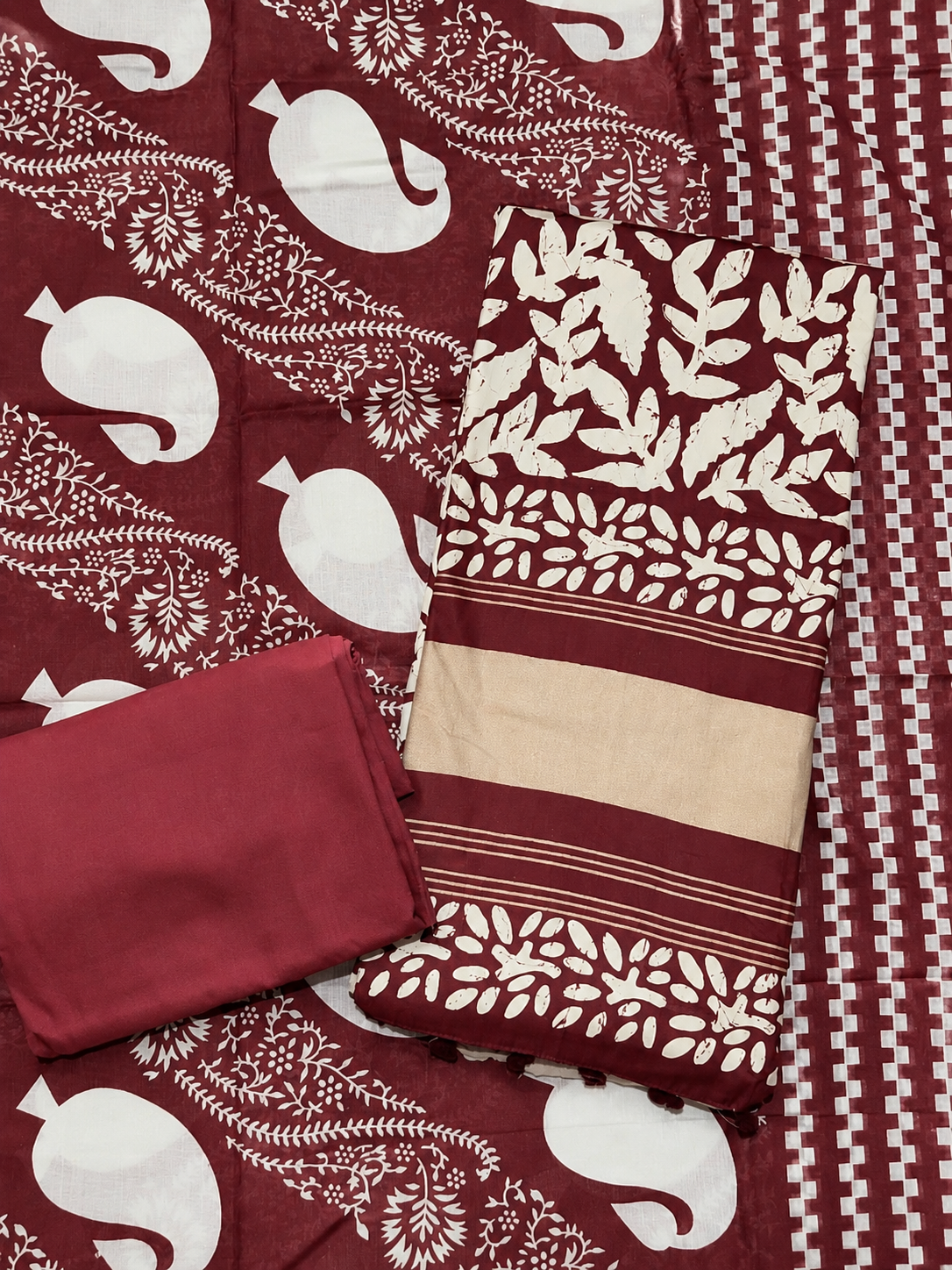 Maroon Floral Block Print Unstitched Suit with Designer Dupatta