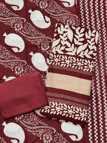 Maroon Floral Block Print Unstitched Suit with Designer Dupatta