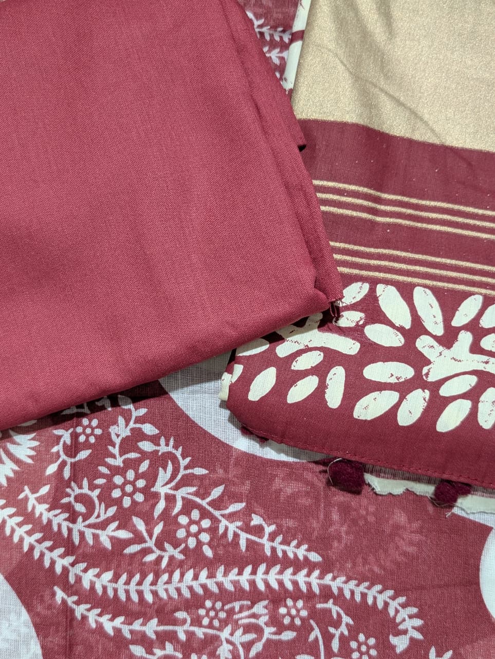 Maroon Floral Block Print Unstitched Suit with Designer Dupatta