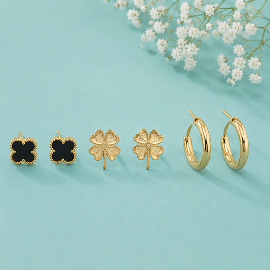 3 Pair Gold Tone Earrings Combo Set for Women | Black Clover Studs, Four Leaf Clover Studs & Classic Hoop Earrings