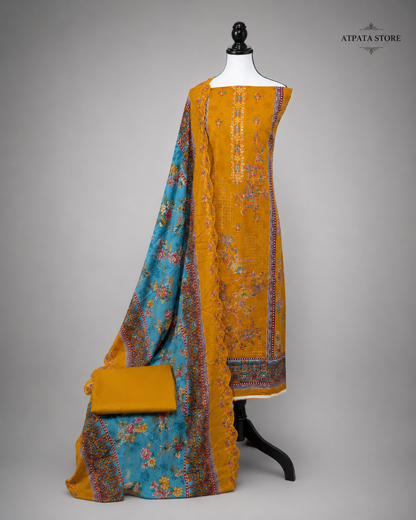 Mustard Yellow Floral Printed Unstitched Suit with Sky Blue Designer Dupatta