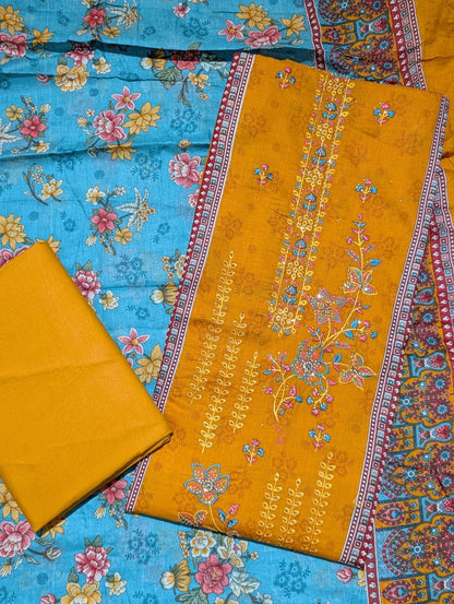 Mustard Yellow Floral Printed Unstitched Suit with Sky Blue Designer Dupatta