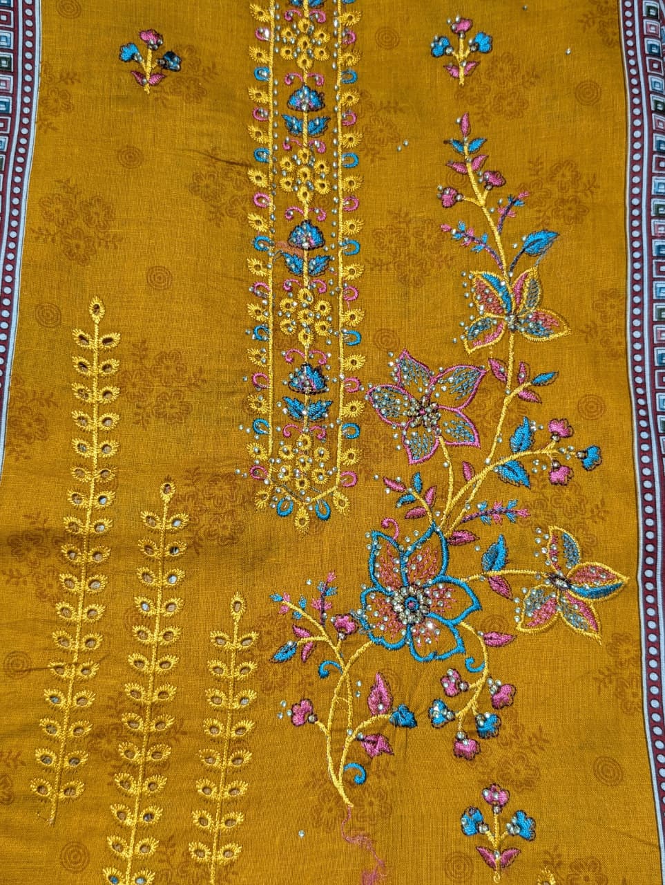 Mustard Yellow Floral Printed Unstitched Suit with Sky Blue Designer Dupatta