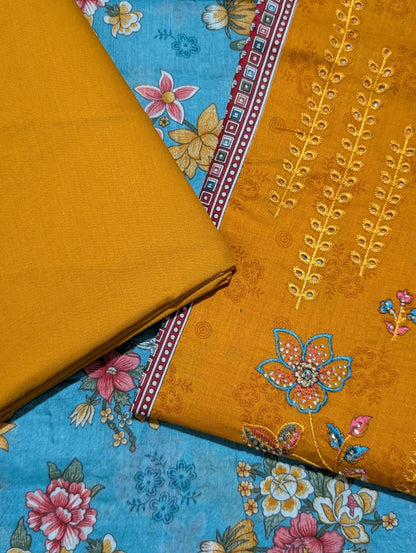 Mustard Yellow Floral Printed Unstitched Suit with Sky Blue Designer Dupatta